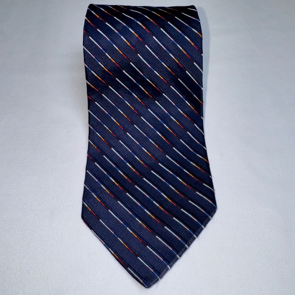 Innocenti Tom James Navy Blue Multi Color Striped Silk Necktie Rainbow